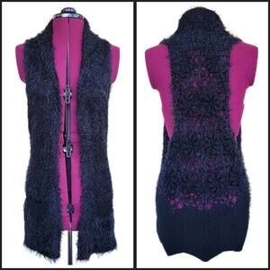 Lumiere Black Faux Fur Floral Crochet Long Open Sweater Vest with Pockets sz S